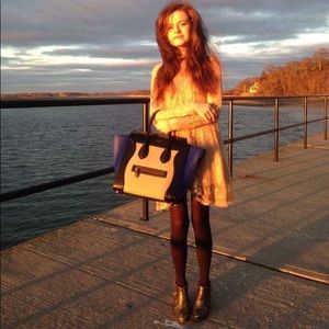 Celine tricolor tote in blue and beige.